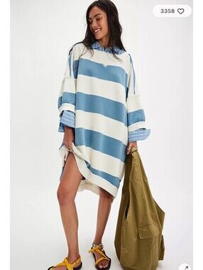 We The Free People Out Here Blue White Striped Oversized Sweatshirt Beach XS/S